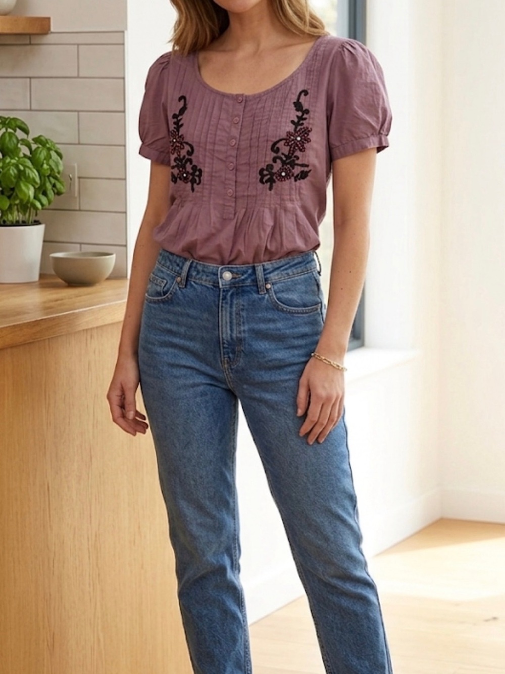 Image Purple Embroidered Beaded Peasant Top Womens Small Boho Pintuck